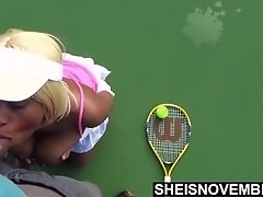 Dick Stuffed In Ebony Teen Tiny Mouth On Tennis Court Outdoors. Msnovember