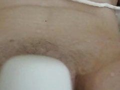 wife shaved pussy with dildo fuck and hitachi