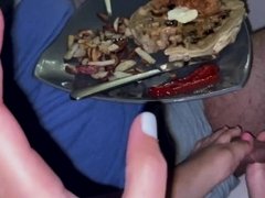 ' eating chicken and waffles while getting footjob by petite Muslim Pakistani girl'