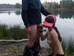 'Brunette Outdoor Blowjob by the Lake'
