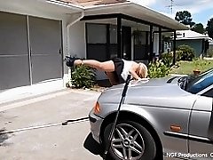 Car wash in heels, thong and pantyhose