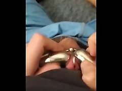 Plugged cock cumshot