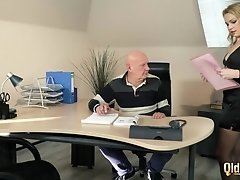 Old manager at the office fucks his two beautiful personal assistants pussy