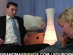 Two dudes have fun with busty blonde grandma