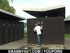 Big-boobs blonde granny rides his cock